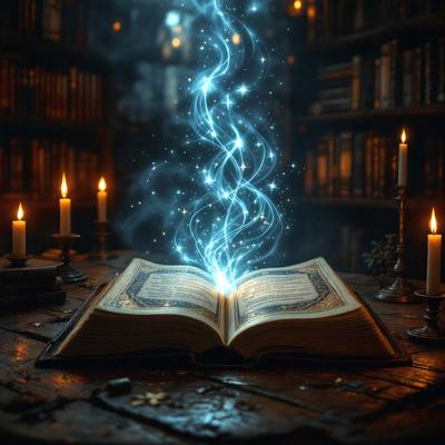 The primary subject of the image is a book with a blue and white cover, which is open and placed on a wooden table. The setting is a library, as evidenced by the numerous books surrounding the open book. The visual style is a combination of photo and digital art, creating a surreal and magical atmosphere. The dominant colors are blue and white, with the blue cover of the book and the white pages, while the wooden table and the surrounding books add a warm and natural touch to the scene.